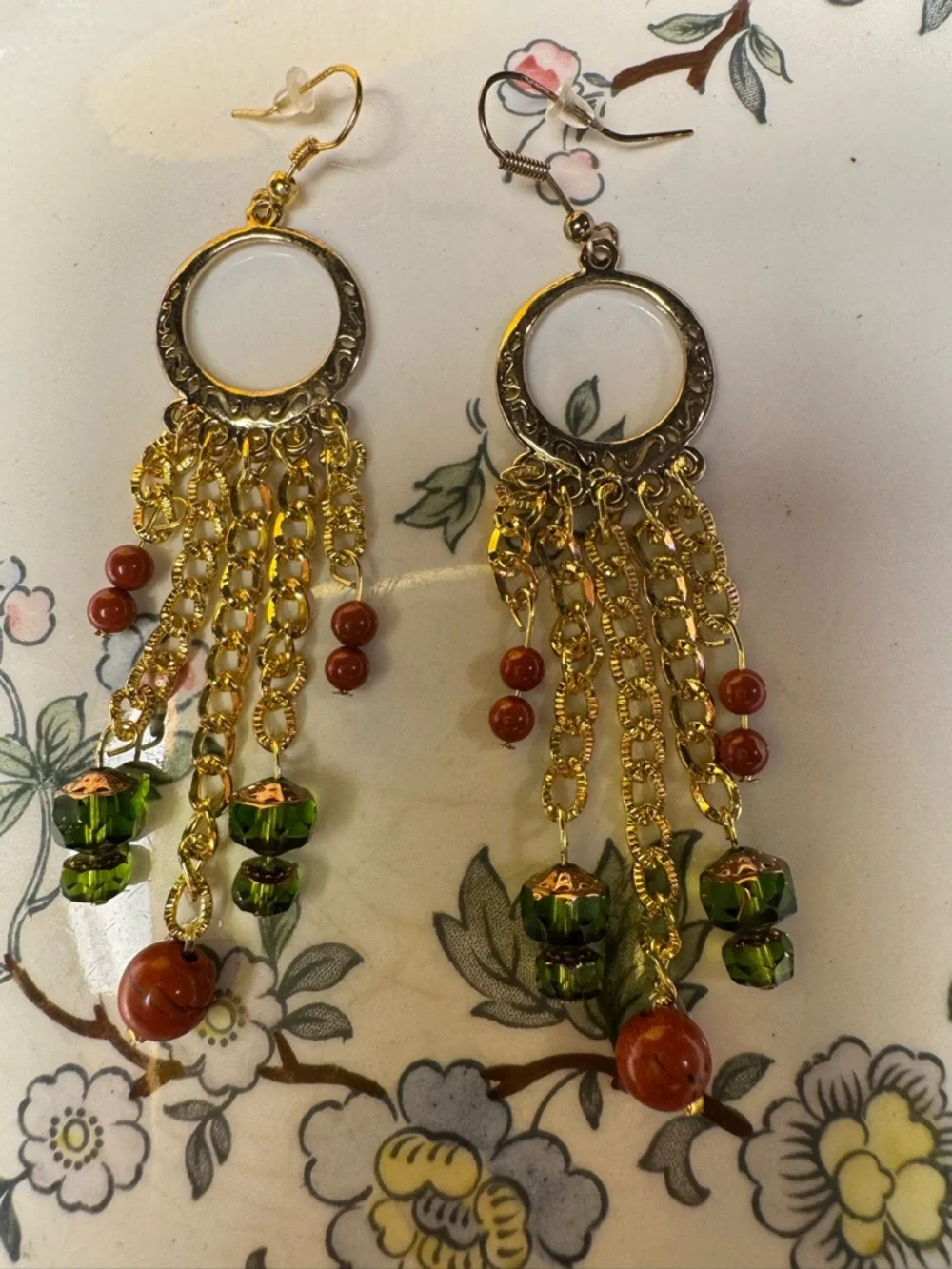 Gold-Tone Green and Brown Beaded Fringe Earrings - Picture 3 of 3